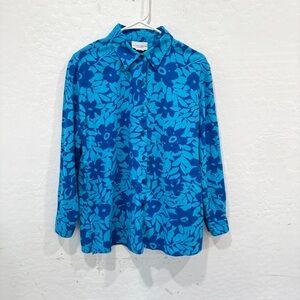 Jaclyn Smith Linen Blend Shirt Womens Large Blue Floral Print Button Front
